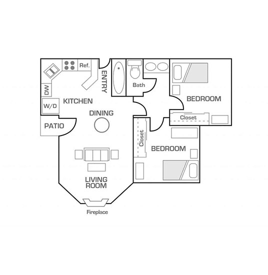 2 Bed 1 Bath Suite Rendering
