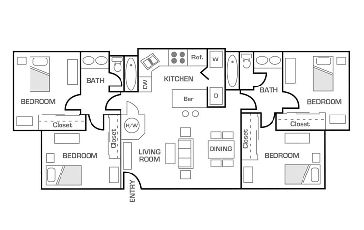 4 bed 2 bath floorplan image